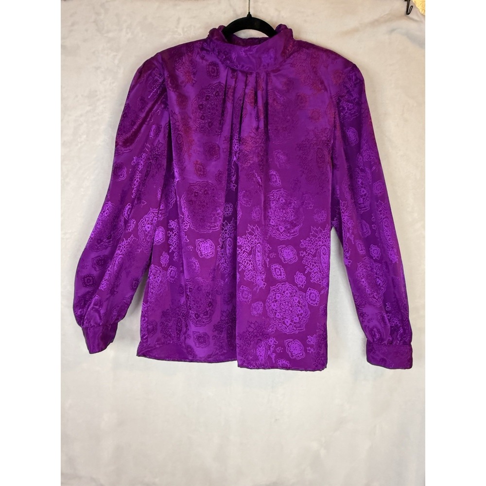 Vintage Purple Satin Jacquard Blouse 16 High Neck Laura Jayne Top Back Buttons - Picture 2 of 8